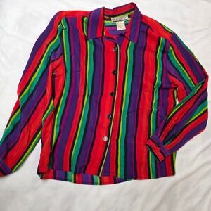 SK & Company 100% Silk Blouse Petite 8 Colorful Rainbow Striped, GUC